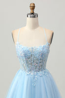 Load image into Gallery viewer, Sparkly Light Blue Corset Tulle Short Prom Dress with Appliques