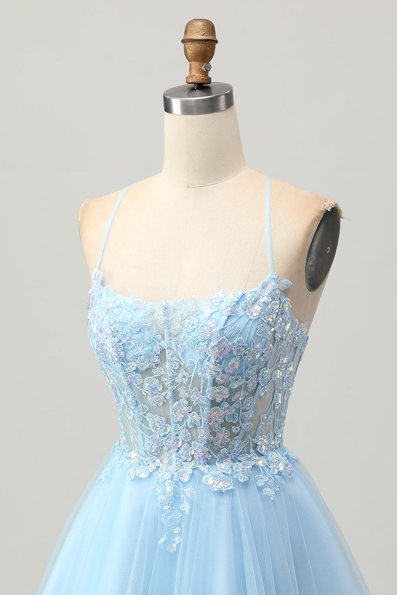 Load image into Gallery viewer, Sparkly Light Blue Corset Tulle Short Prom Dress with Appliques