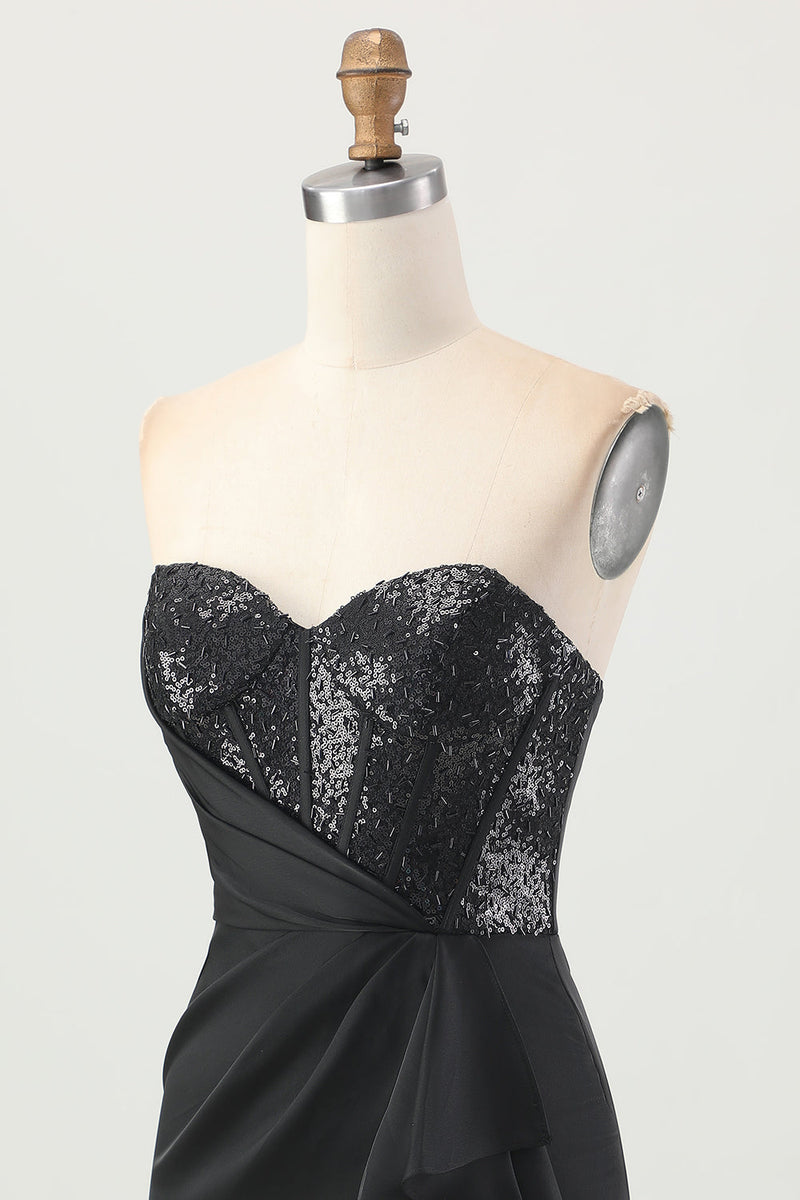Load image into Gallery viewer, Sparkly Black Corset Tight Strapless Short Prom Dress with Sequins