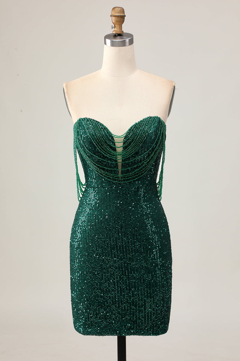 Load image into Gallery viewer, Sparkly Dark Green Short Sequins Tight Prom Dress with Beading