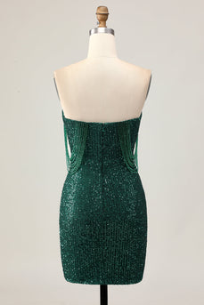 Sparkly Dark Green Short Sequins Tight Prom Dress with Beading