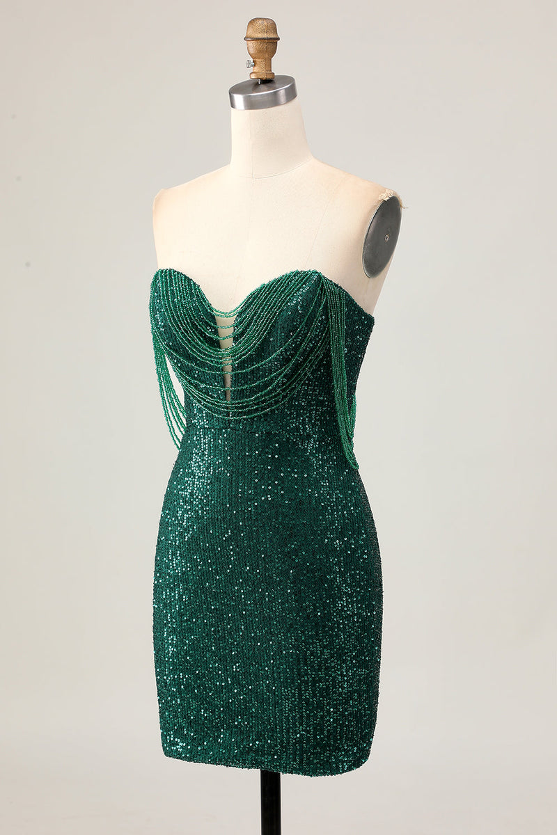 Load image into Gallery viewer, Sparkly Dark Green Short Sequins Tight Prom Dress with Beading