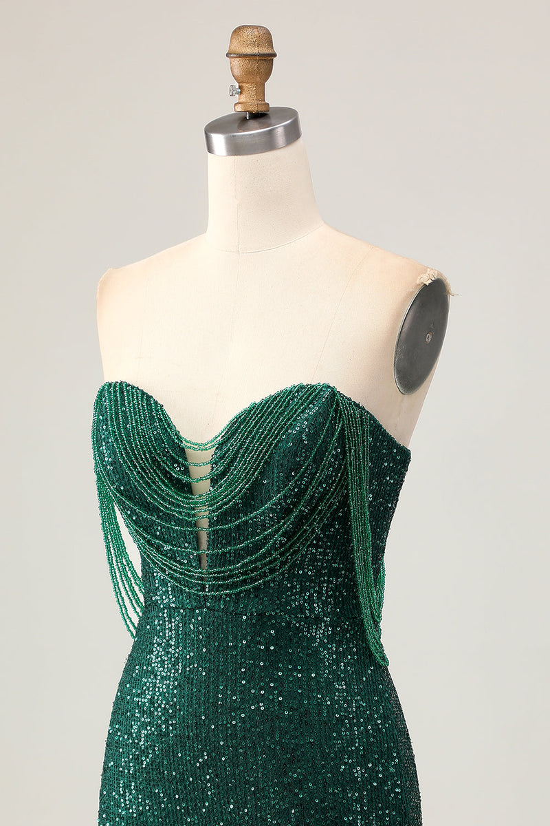 Load image into Gallery viewer, Sparkly Dark Green Short Sequins Tight Prom Dress with Beading