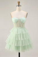 Load image into Gallery viewer, Light Green Tiered A Line Short Corset Prom Dress with Ruffles