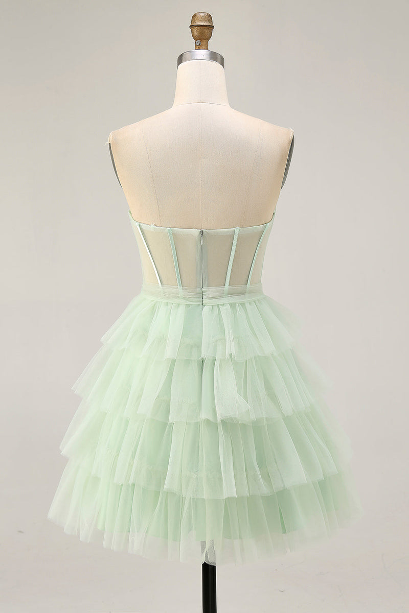 Load image into Gallery viewer, Light Green Tiered A Line Short Corset Prom Dress with Ruffles