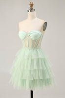 Load image into Gallery viewer, Light Green Tiered A Line Short Corset Prom Dress with Ruffles