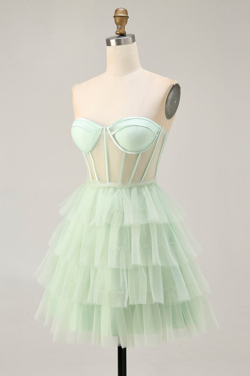 Load image into Gallery viewer, Light Green Tiered A Line Short Corset Prom Dress with Ruffles