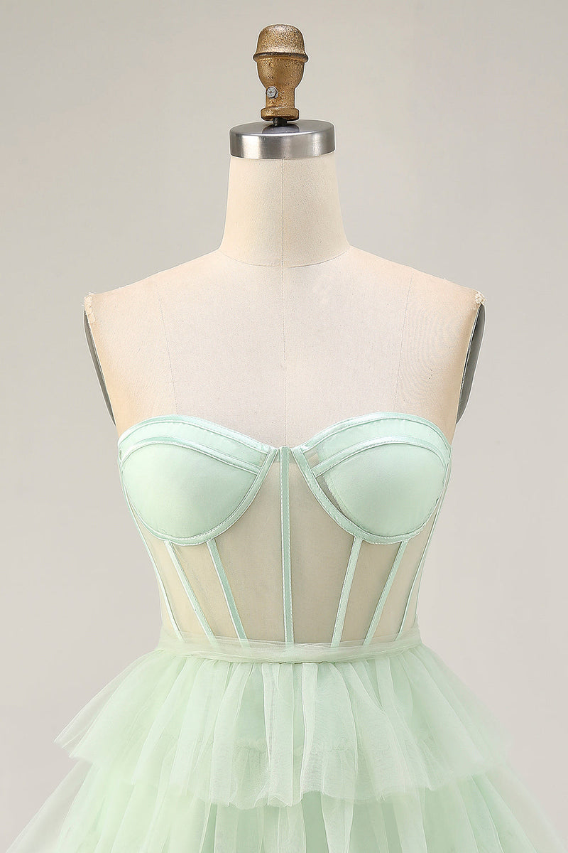 Load image into Gallery viewer, Light Green Tiered A Line Short Corset Prom Dress with Ruffles