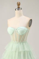 Load image into Gallery viewer, Light Green Tiered A Line Short Corset Prom Dress with Ruffles