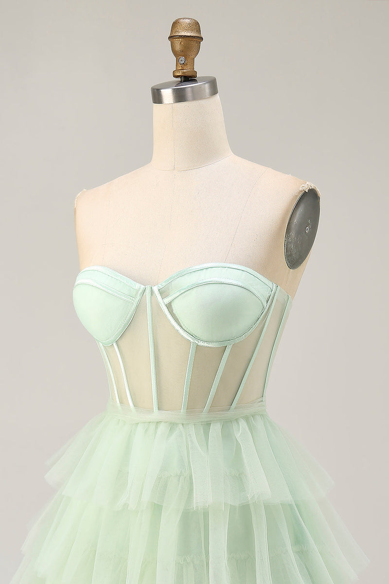 Load image into Gallery viewer, Light Green Tiered A Line Short Corset Prom Dress with Ruffles