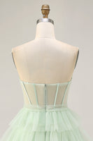 Load image into Gallery viewer, Light Green Tiered A Line Short Corset Prom Dress with Ruffles
