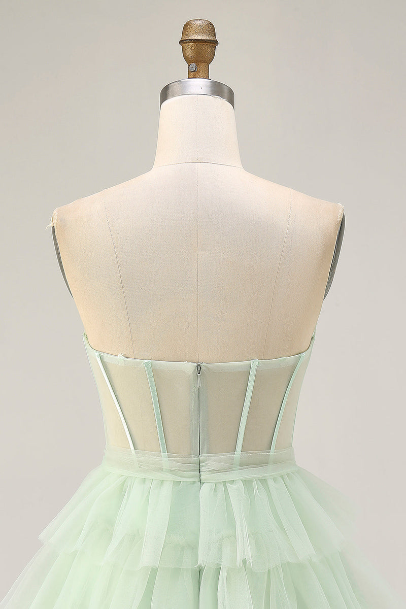 Load image into Gallery viewer, Light Green Tiered A Line Short Corset Prom Dress with Ruffles