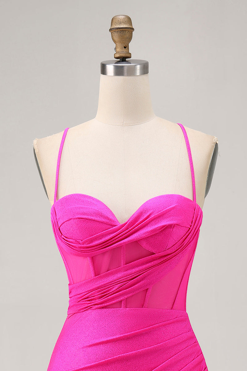 Load image into Gallery viewer, Fuchsia Spaghetti Straps Ruched Tight Short Corset Prom Dress