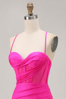 Load image into Gallery viewer, Fuchsia Spaghetti Straps Ruched Tight Short Corset Prom Dress