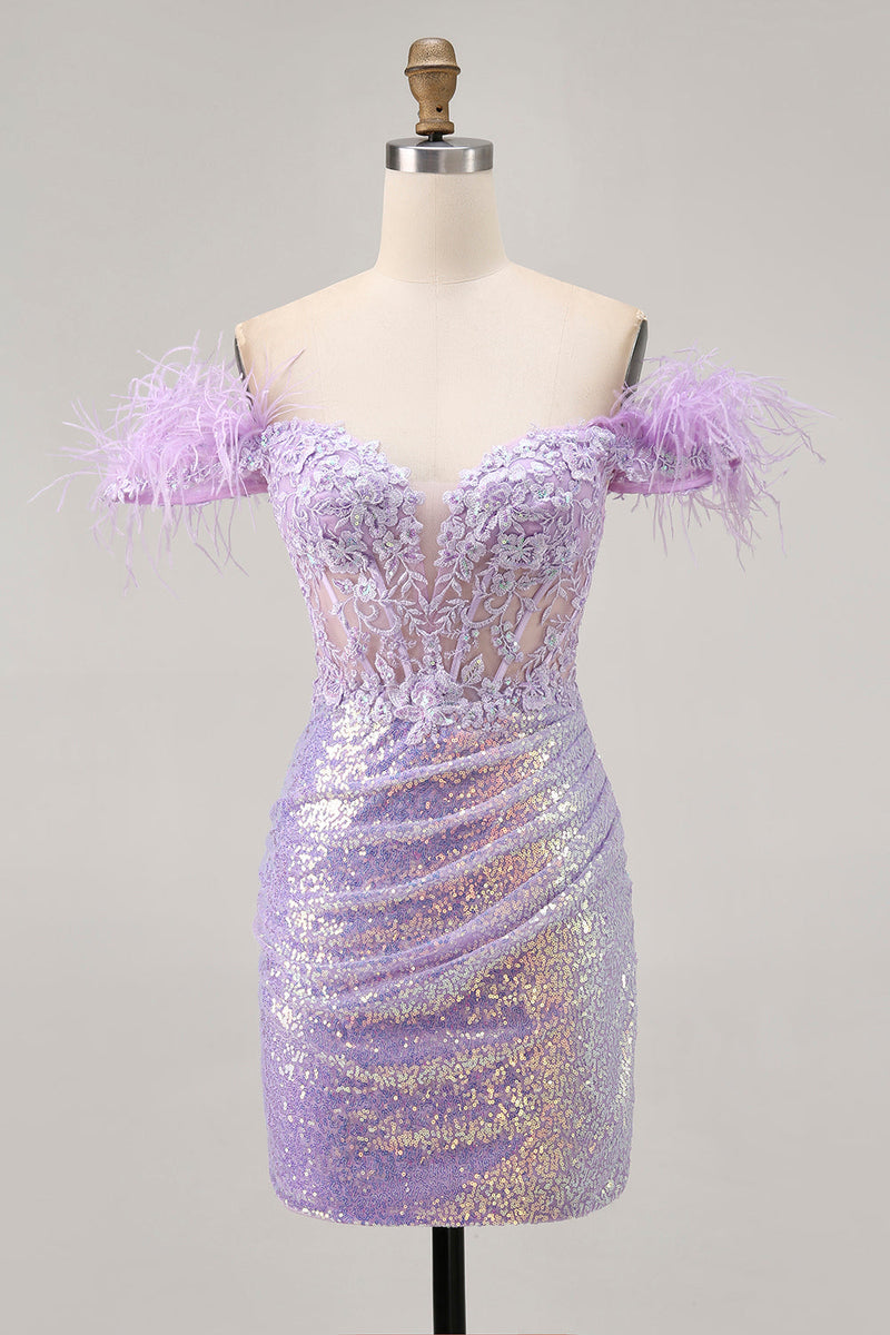 Load image into Gallery viewer, Sparkly Lilac Floral Tight Sequins Short Corset Prom Dress with Feathers