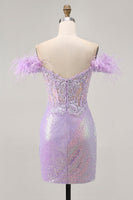 Load image into Gallery viewer, Sparkly Lilac Floral Tight Sequins Short Corset Prom Dress with Feathers