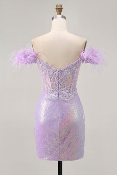 Sparkly Lilac Floral Tight Sequins Short Corset Prom Dress with Feathers