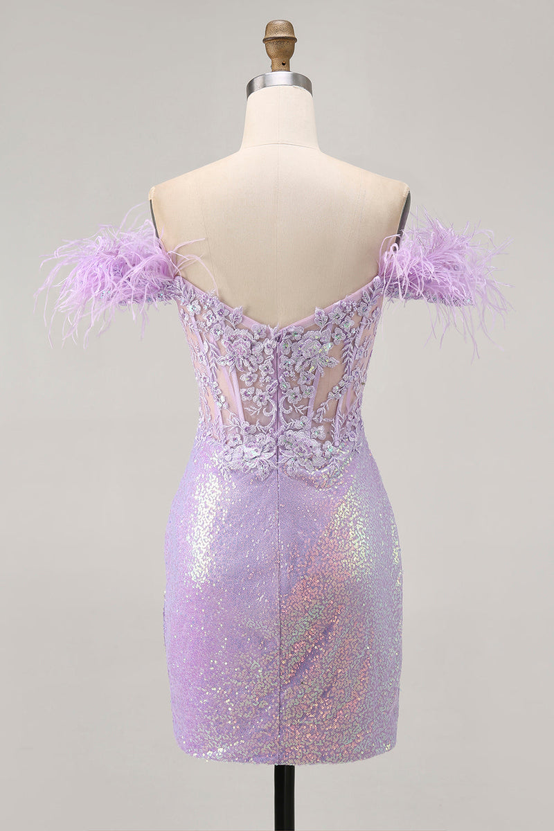 Load image into Gallery viewer, Sparkly Lilac Floral Tight Sequins Short Corset Prom Dress with Feathers