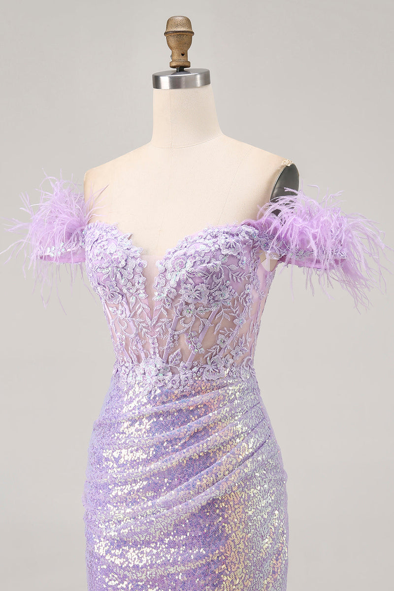 Load image into Gallery viewer, Sparkly Lilac Floral Tight Sequins Short Corset Prom Dress with Feathers