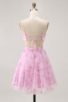 Pink Floral Lace-Up Back Ruched Short Prom Dress