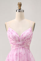 Load image into Gallery viewer, Pink Floral Lace-Up Back Ruched Short Prom Dress