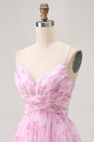 Load image into Gallery viewer, Pink Floral Lace-Up Back Ruched Short Prom Dress