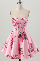 Load image into Gallery viewer, Floral Pink Sweetheart Satin Short Corset Prom Dress