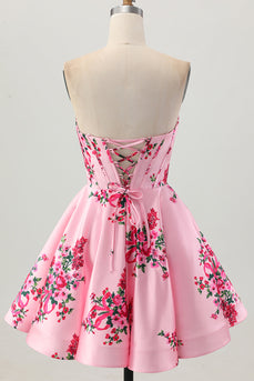 Floral Pink Sweetheart Satin Short Corset Prom Dress