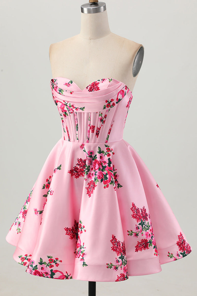 Load image into Gallery viewer, Floral Pink Sweetheart Satin Short Corset Prom Dress
