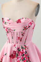 Load image into Gallery viewer, Floral Pink Sweetheart Satin Short Corset Prom Dress