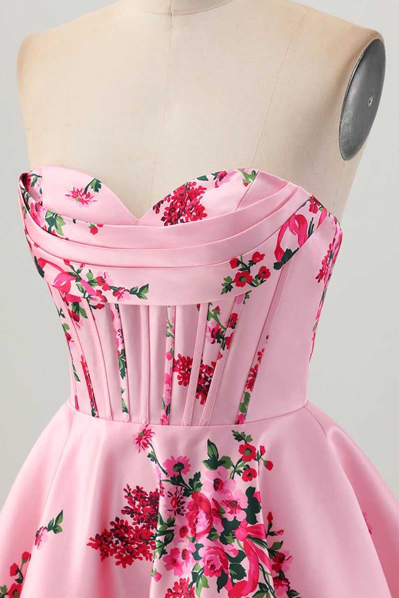Load image into Gallery viewer, Floral Pink Sweetheart Satin Short Corset Prom Dress