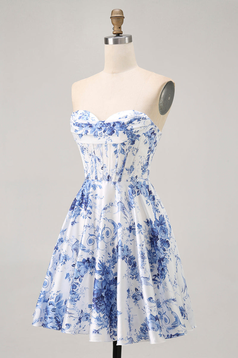 Load image into Gallery viewer, White Blue Flower Corset A Line Short Prom Dress
