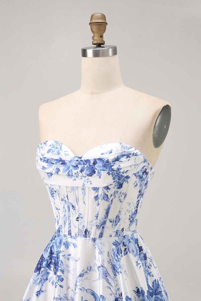 Load image into Gallery viewer, White Blue Flower Corset A Line Short Prom Dress
