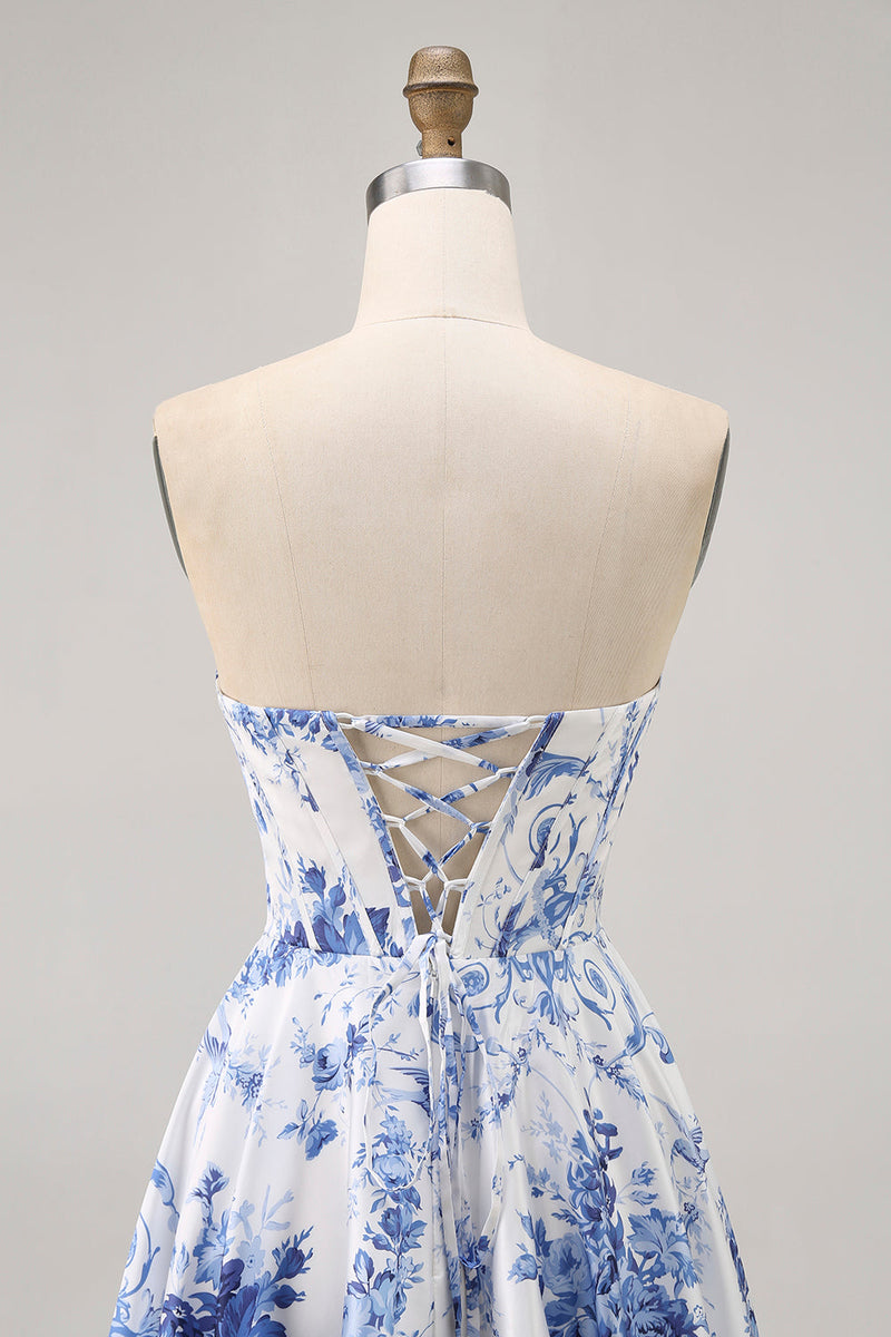 Load image into Gallery viewer, White Blue Flower Corset A Line Short Prom Dress