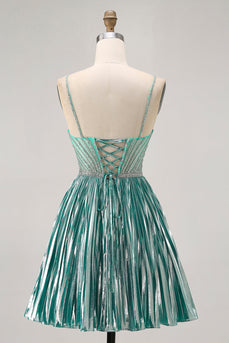 Sparkly Green A Line Metallic Short Prom Dress with Beading