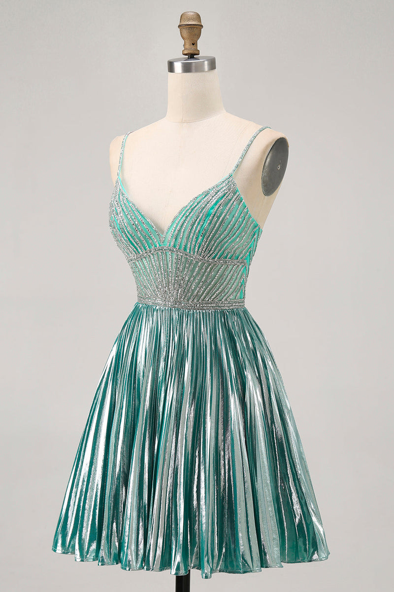 Load image into Gallery viewer, Sparkly Green A Line Metallic Short Prom Dress with Beading