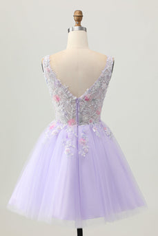 Sparkly Lilac V-Neck Tulle Floral Short Prom Dress with Beading