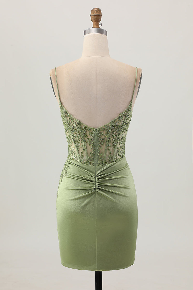 Load image into Gallery viewer, Sage Green Corset Tight Satin Short Prom Dress with Lace