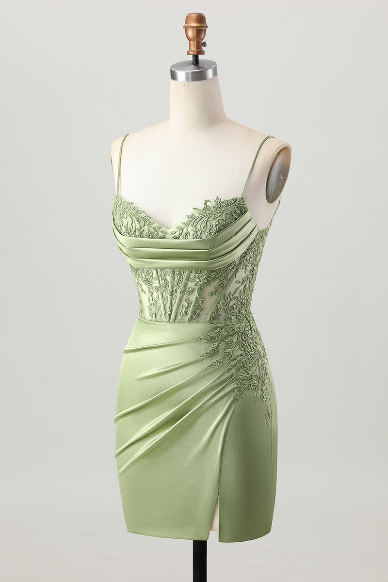 Load image into Gallery viewer, Sage Green Corset Tight Satin Short Prom Dress with Lace