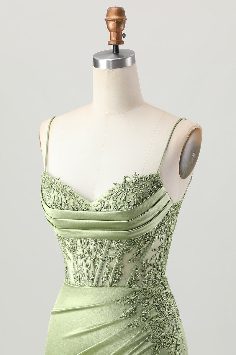 Load image into Gallery viewer, Sage Green Corset Tight Satin Short Prom Dress with Lace