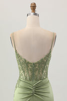Load image into Gallery viewer, Sage Green Corset Tight Satin Short Prom Dress with Lace