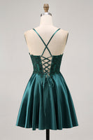 Load image into Gallery viewer, Sparkly Dark Green Satin Appliqued Short Corset Prom Dress