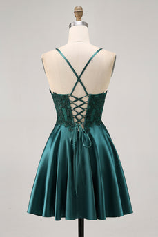 Sparkly Dark Green Satin Appliqued Short Corset Prom Dress