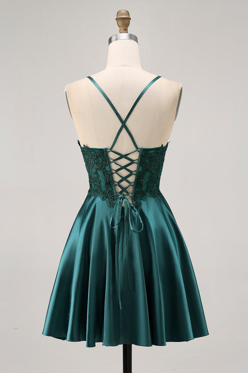 Load image into Gallery viewer, Sparkly Dark Green Satin Appliqued Short Corset Prom Dress