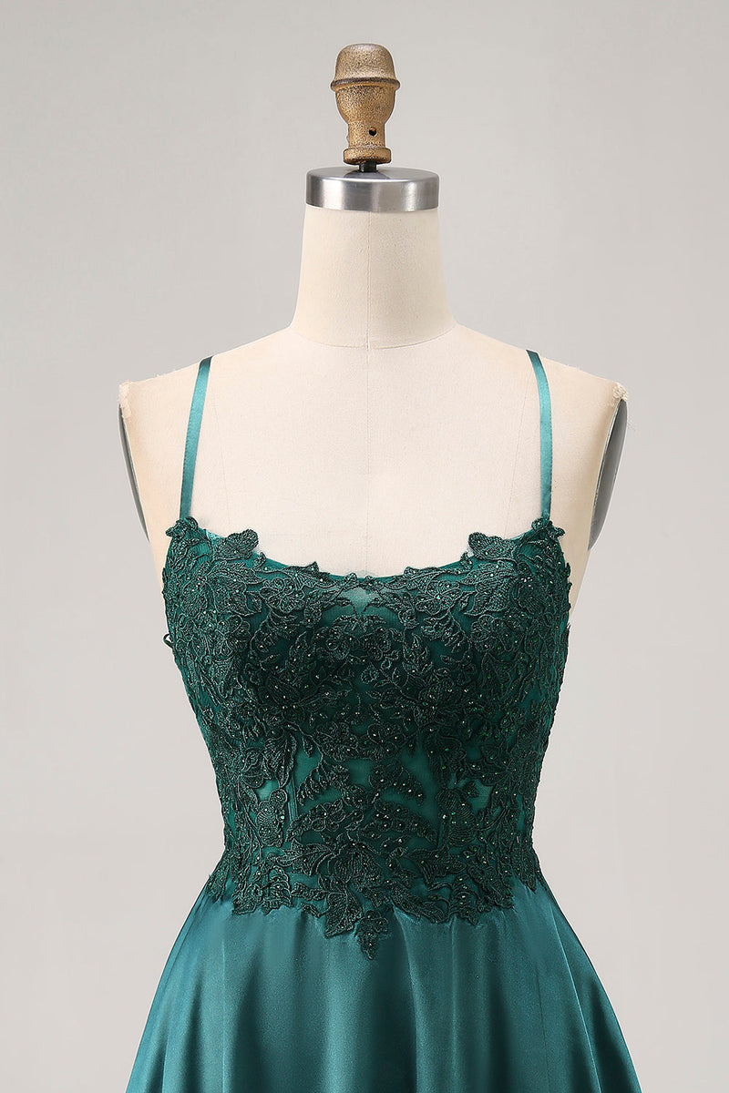 Load image into Gallery viewer, Sparkly Dark Green Satin Appliqued Short Corset Prom Dress