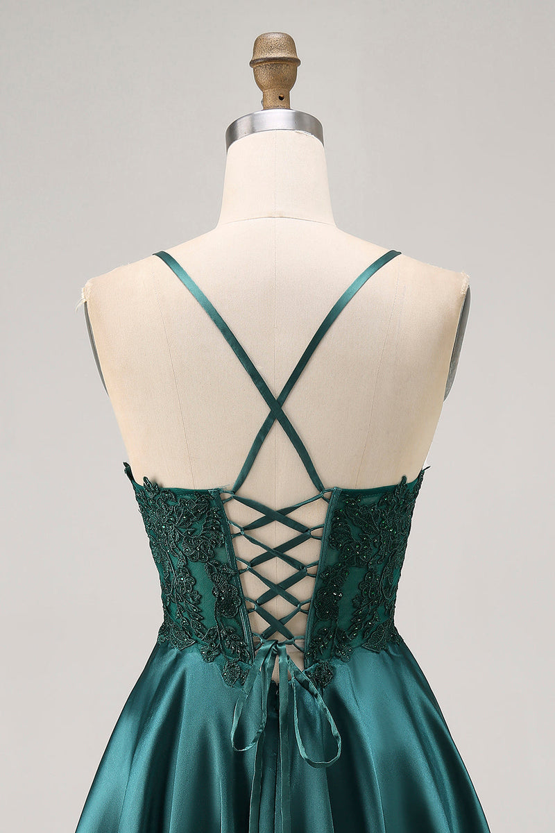 Load image into Gallery viewer, Sparkly Dark Green Satin Appliqued Short Corset Prom Dress