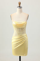 Load image into Gallery viewer, Yellow Strapless Tight Short Corset Prom Dress with Lace