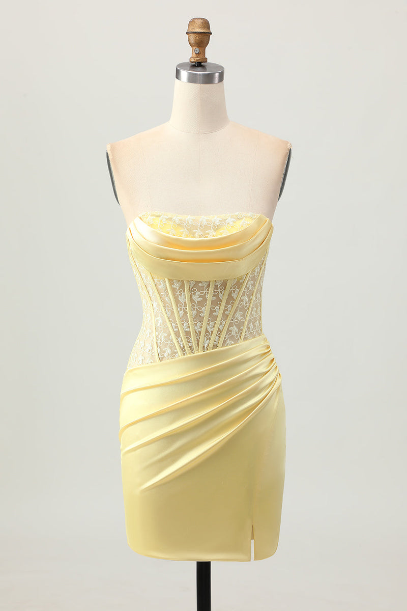 short corset prom dresses Queendancer Women Yellow Corset Short Prom Dress with Lace Strapless Tight  Satin Lace Up Back Cocktail Dress with Slit – queendanceruk