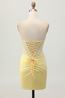 Load image into Gallery viewer, Yellow Strapless Tight Short Corset Prom Dress with Lace