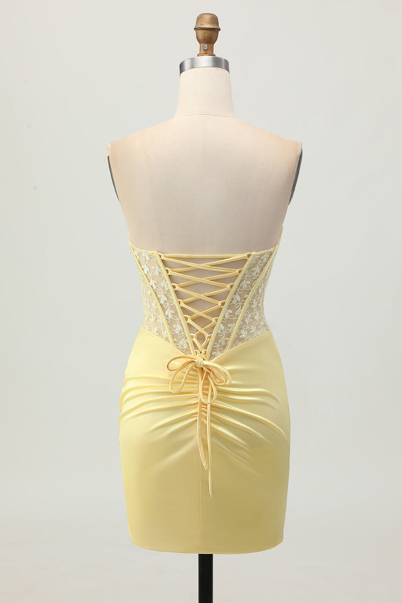 Load image into Gallery viewer, Yellow Strapless Tight Short Corset Prom Dress with Lace